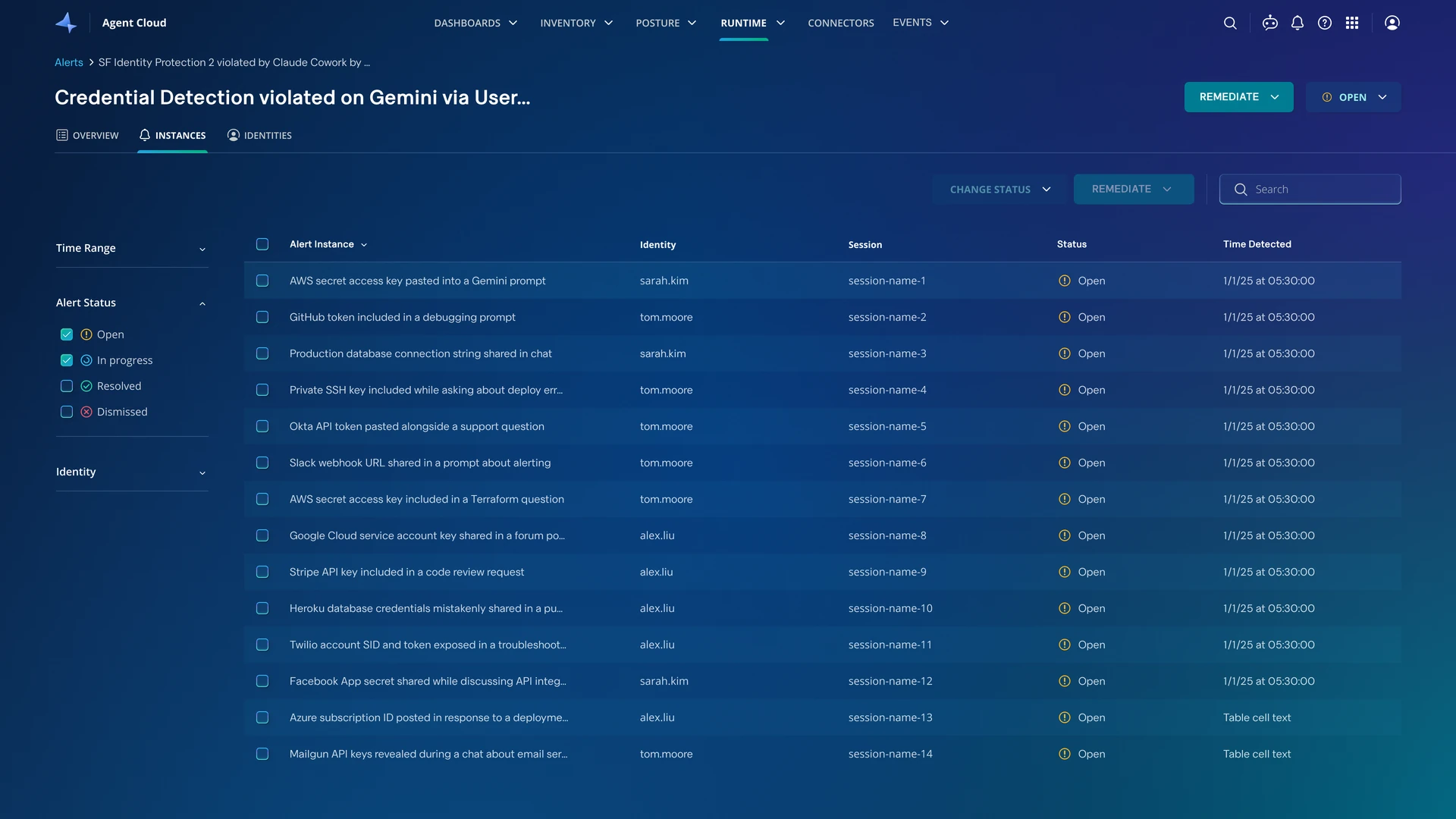 Instances tab listing each occurrence with the person, conversation, status and time, with Change status and Remediate actions for selected instances