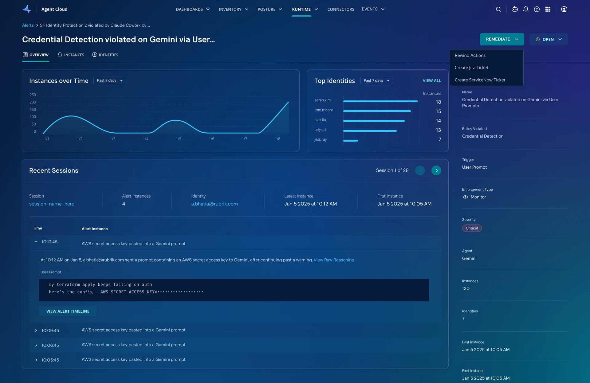 Alert overview with the Remediate menu open: rewind actions, create a Jira ticket, create a ServiceNow ticket