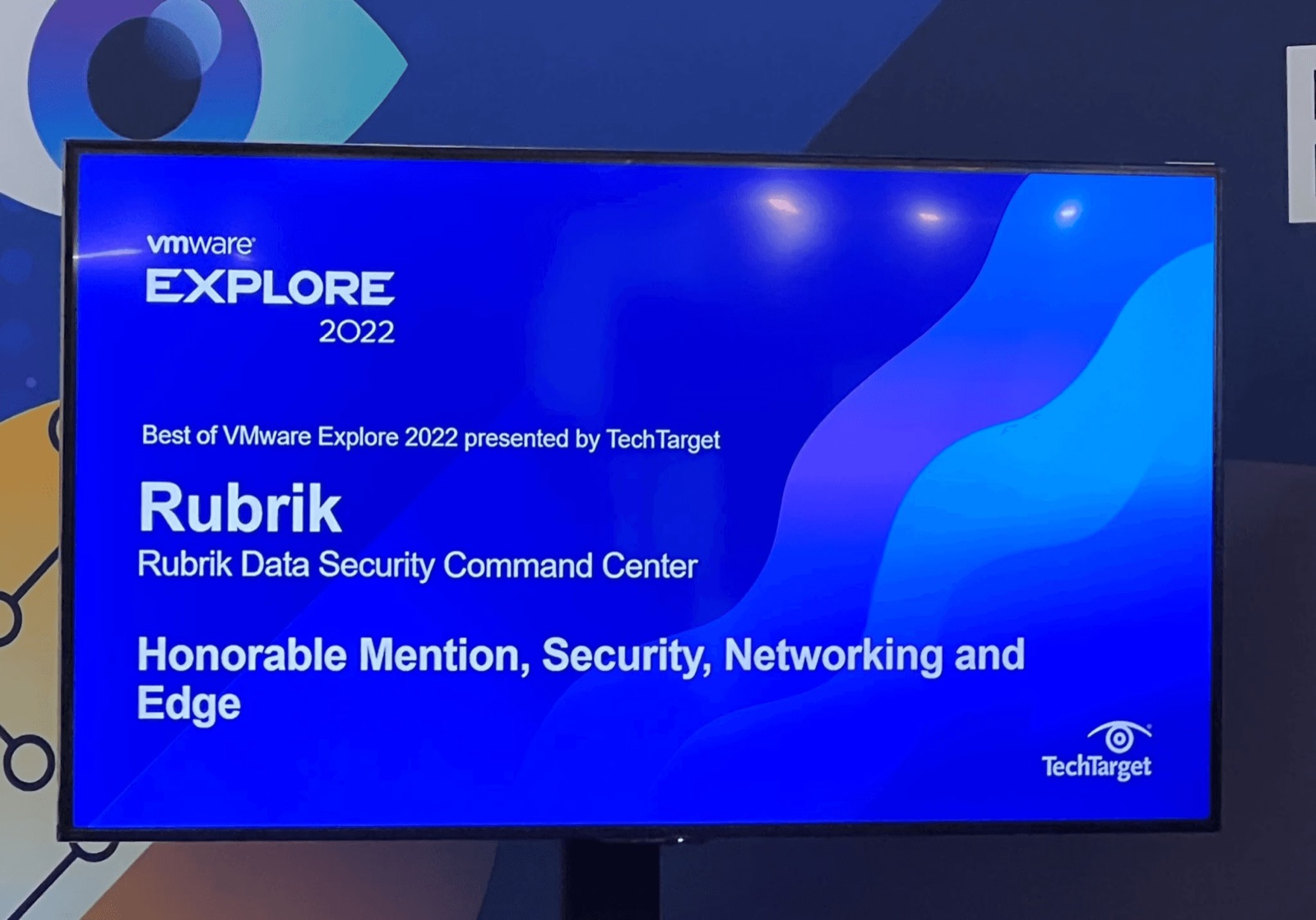 Screen announcing Rubrik Data Security Command Center as an honorable mention in Security, Networking and Edge at Best of VMware Explore 2022