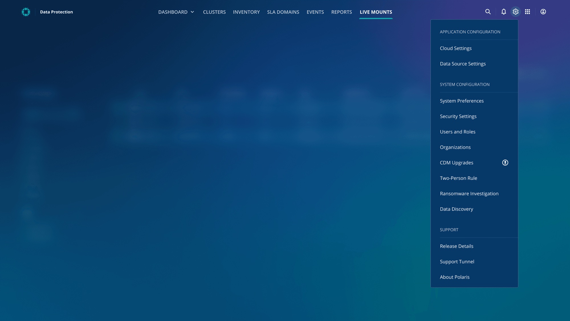 The original Settings dropdown in the top navigation of Rubrik Security Cloud